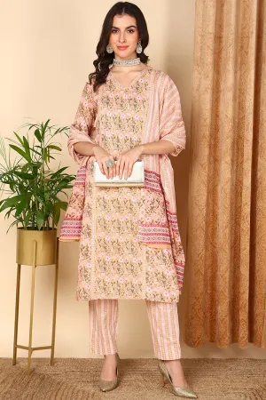 Peach Pure Cotton Floral Printed Straight Suit Set