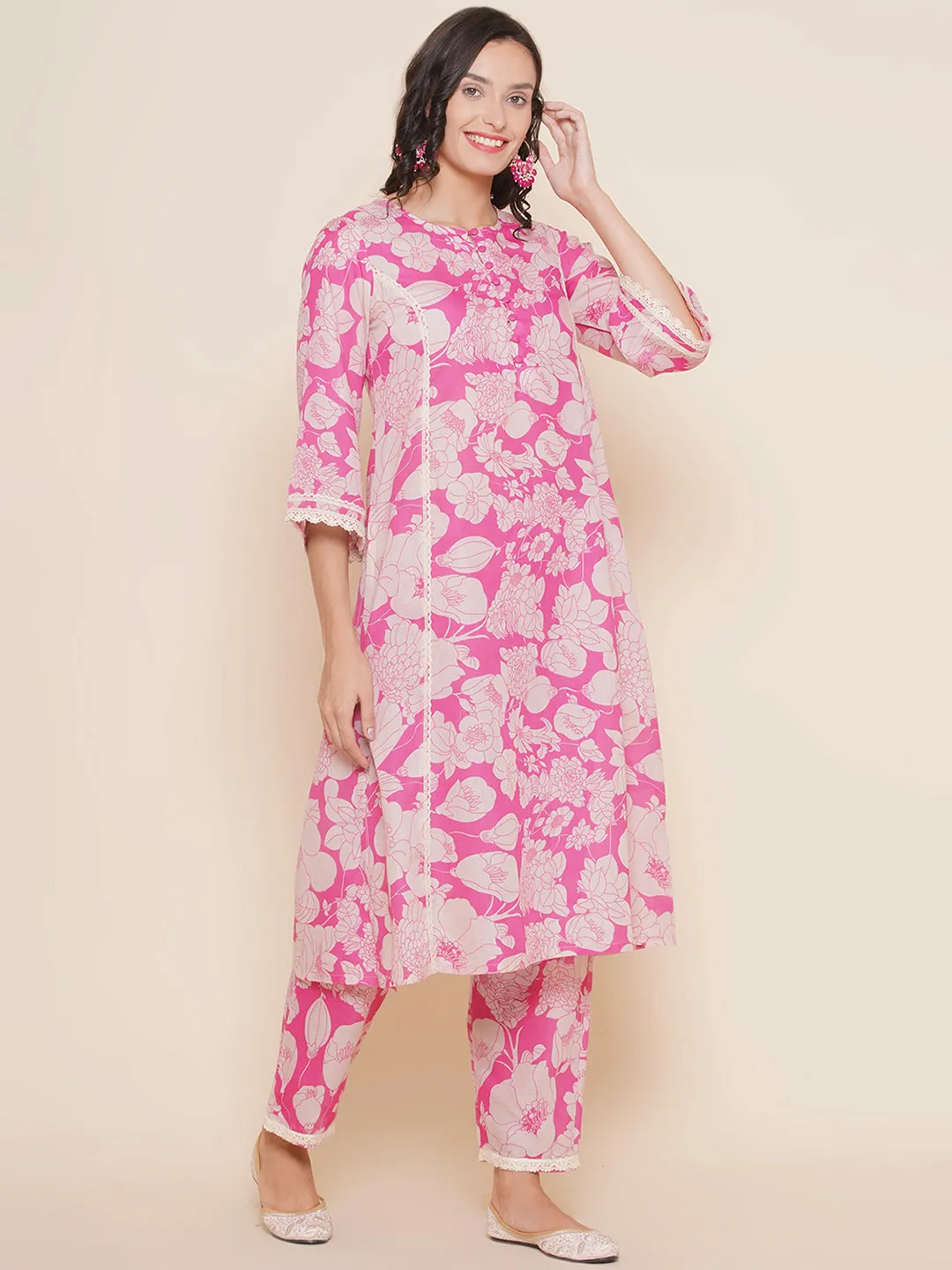 Pink Printed Lace Details kurta With Pink Printed Pants