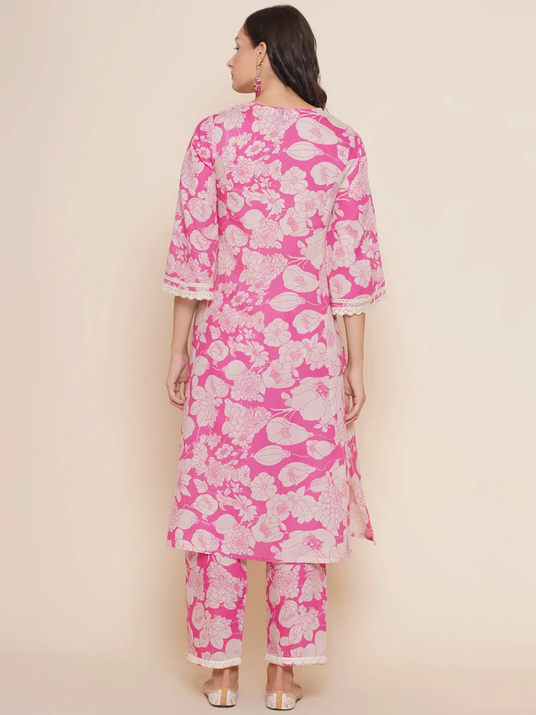 Pink Printed Lace Details kurta With Pink Printed Pants