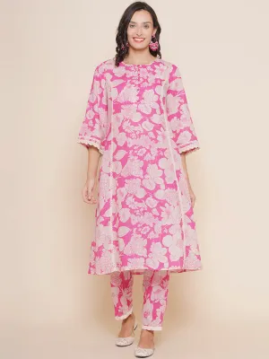 Pink Printed Lace Details kurta With Pink Printed Pants