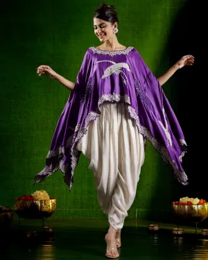 Purple Flamingo Embroidered Satin Silk Cape Set