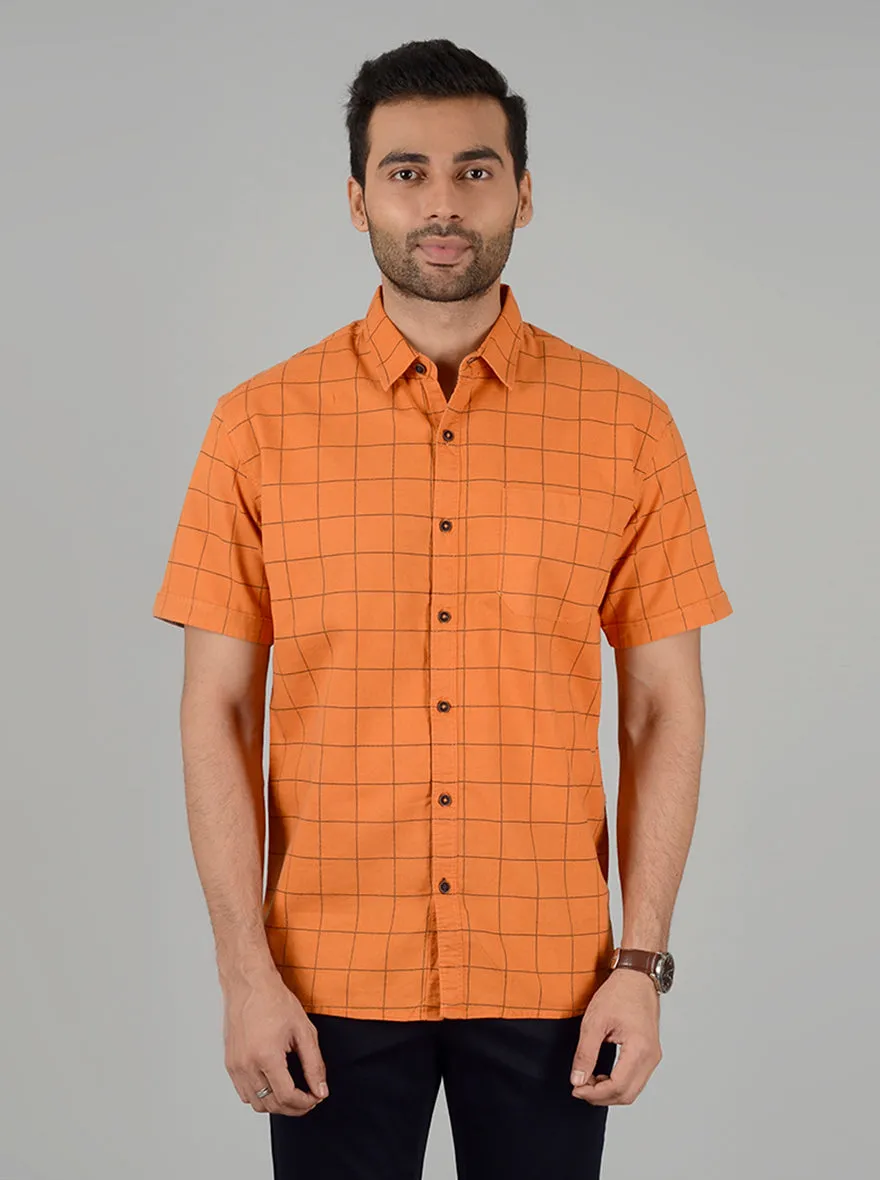 Rust and Orange Checked Slim Fit Casual Shirt | Greenfibre