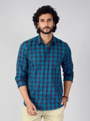 Sapphire Blue Checked Smart Fit Casual Shirt | Greenfibre