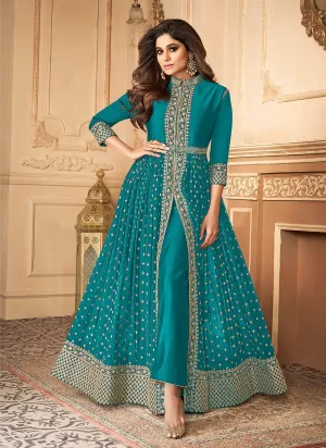 Shamita Shetty Blue Front Slit Georgette Anarkali Suit