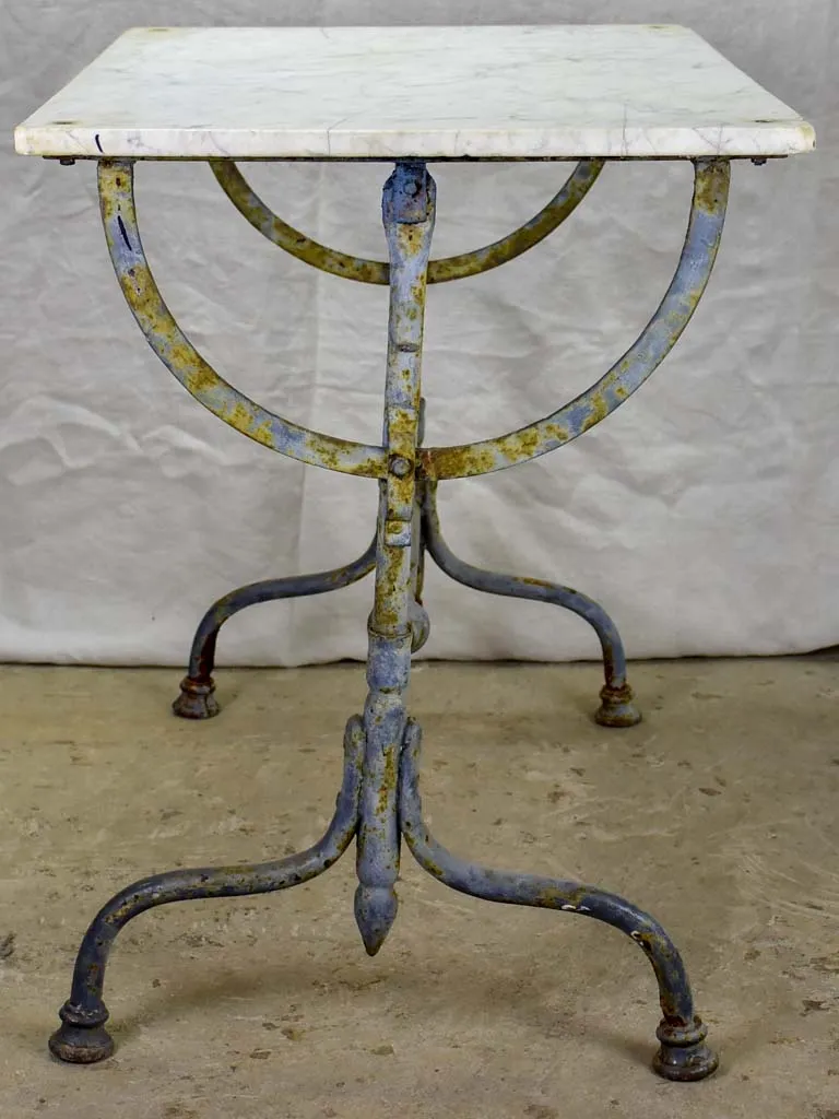 Small 19th Century rectangular garden table with marble top and blue iron base 22¾" x  32¼"