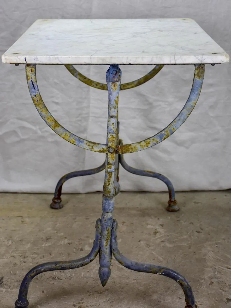 Small 19th Century rectangular garden table with marble top and blue iron base 22¾" x  32¼"