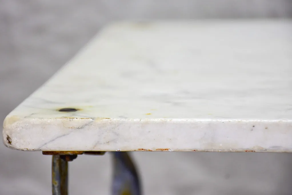 Small 19th Century rectangular garden table with marble top and blue iron base 22¾" x  32¼"