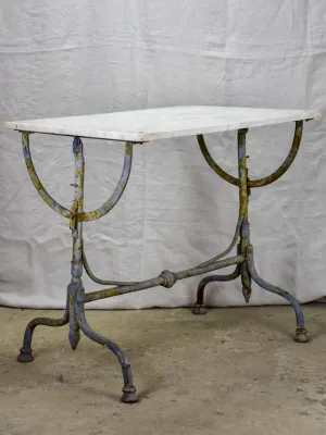 Small 19th Century rectangular garden table with marble top and blue iron base 22¾" x  32¼"