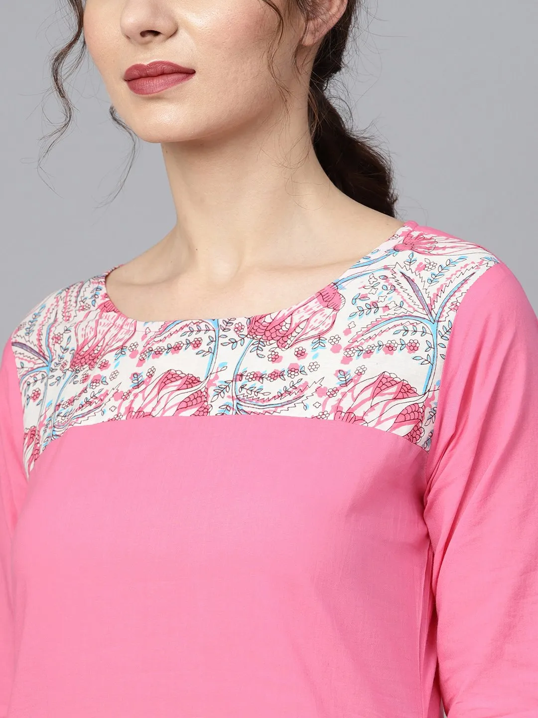 Solid 3/4Th Sleeve Pink Kurta With Printed Shoulder Yoke With Pants & Mul Printed Dupatta