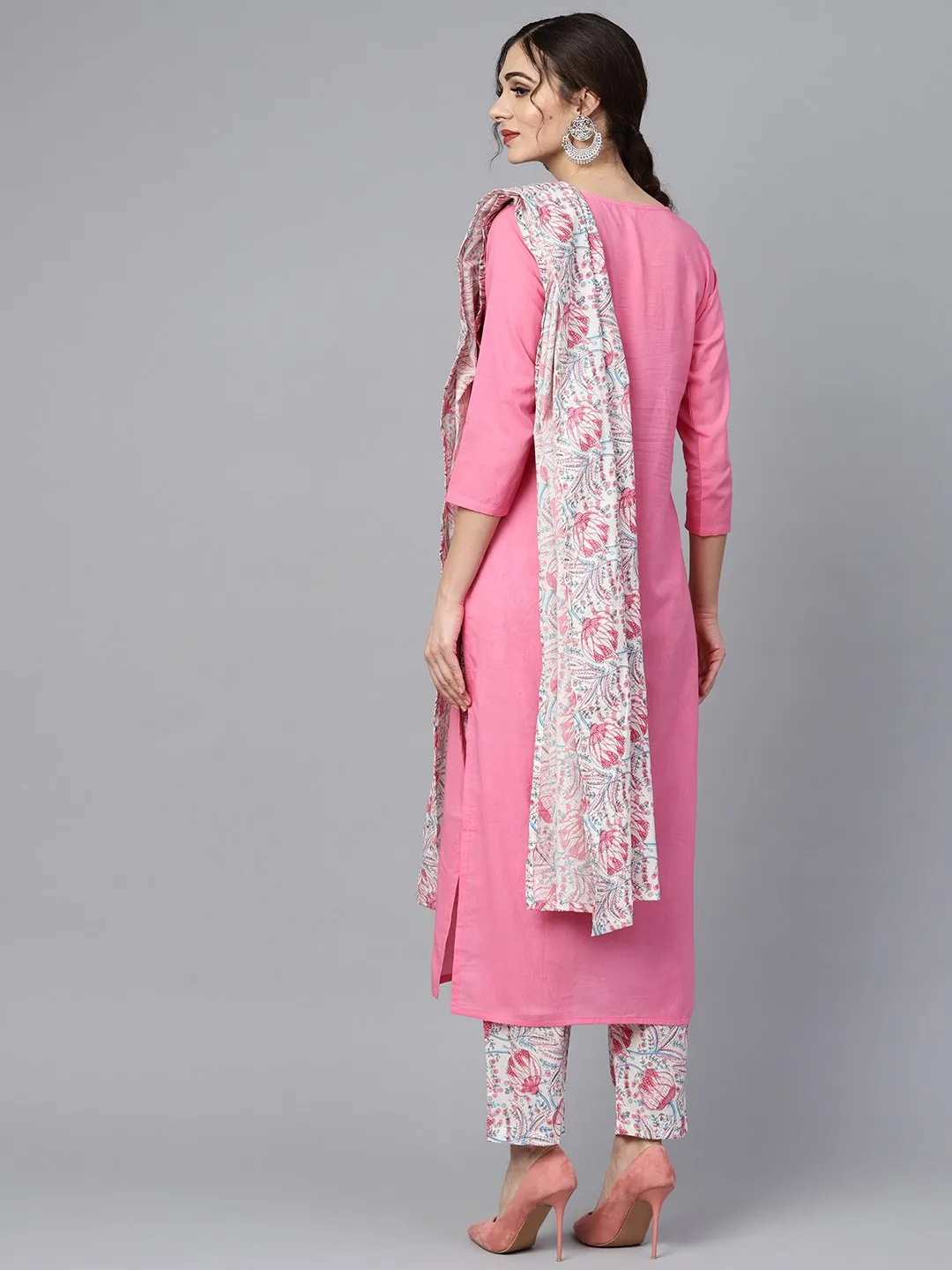 Solid 3/4Th Sleeve Pink Kurta With Printed Shoulder Yoke With Pants & Mul Printed Dupatta