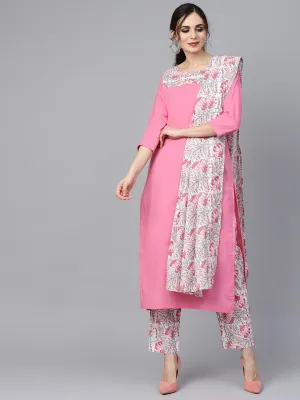 Solid 3/4Th Sleeve Pink Kurta With Printed Shoulder Yoke With Pants & Mul Printed Dupatta