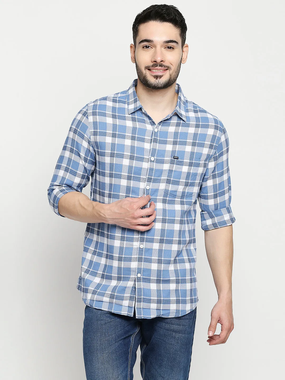 Spykar Sulphur Grey Cotton Full Sleeve Checkered Shirt For Men