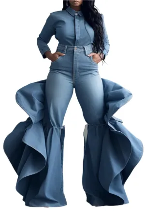 TEEK - Plus Size High Waist Ruffle Flared Denim Pants