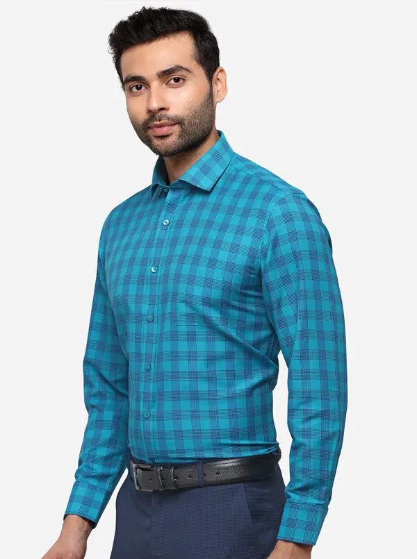 Turquoise Blue Checked Slim Fit Formal Shirt | Greenfibre