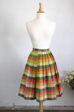 Vintage 50s Circle Skirt, Pleated Silk Pastel Plaid Checks