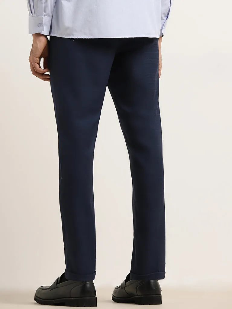 WES Formals Dark Blue Checked Carrot-Fit Mid-Rise Trousers