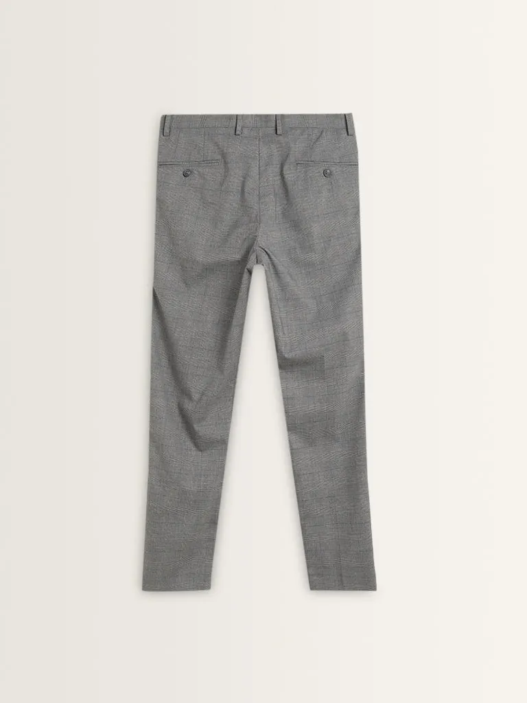 WES Formals Grey Checked Slim-Tapered Mid-Rise Trousers