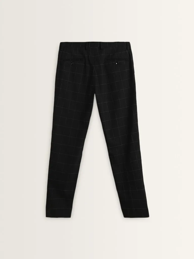 WES Formals Navy Mid-Rise Slim-Tapered Checked Trousers