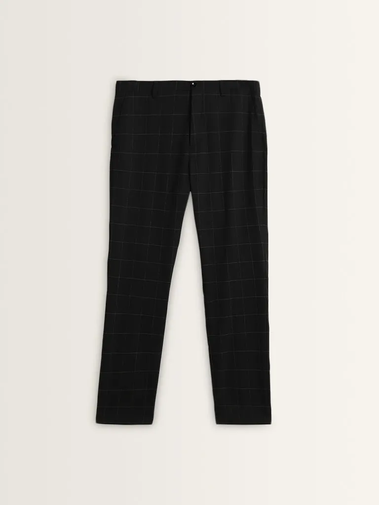 WES Formals Navy Mid-Rise Slim-Tapered Checked Trousers