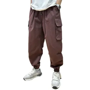 Wiaofellas  -  Sold Color Multi Flap Pockets Kpop Men's Straight Leg Pants Loose Casual Outdoor Pants, Hiking Fishing Fishing Men's Work Pants