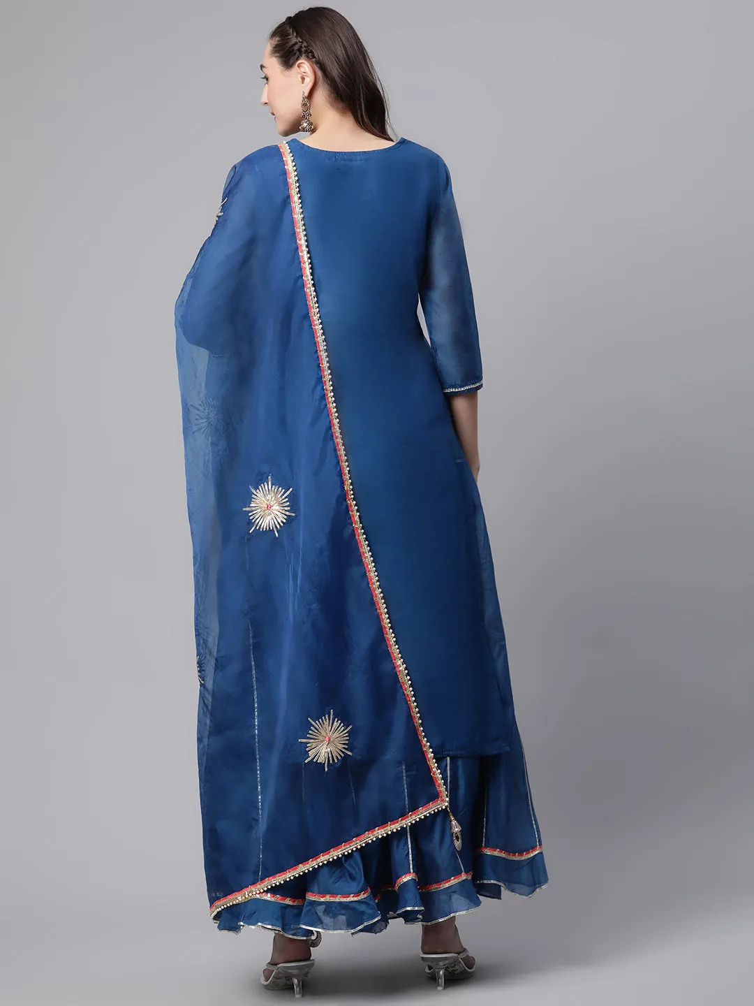 Women Blue Floral Print Chanderi Cotton Kurta Set