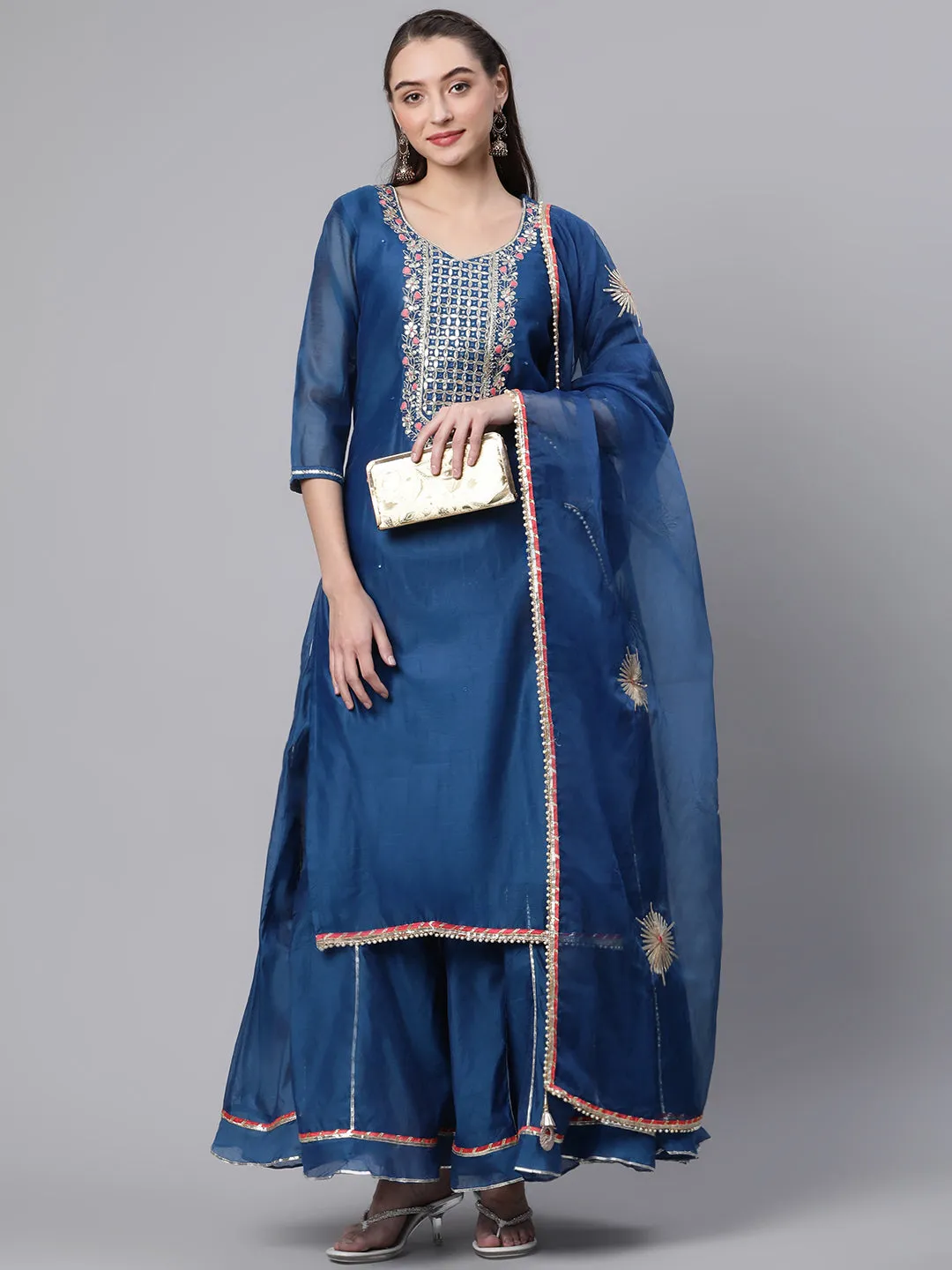 Women Blue Floral Print Chanderi Cotton Kurta Set