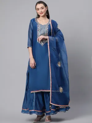 Women Blue Floral Print Chanderi Cotton Kurta Set