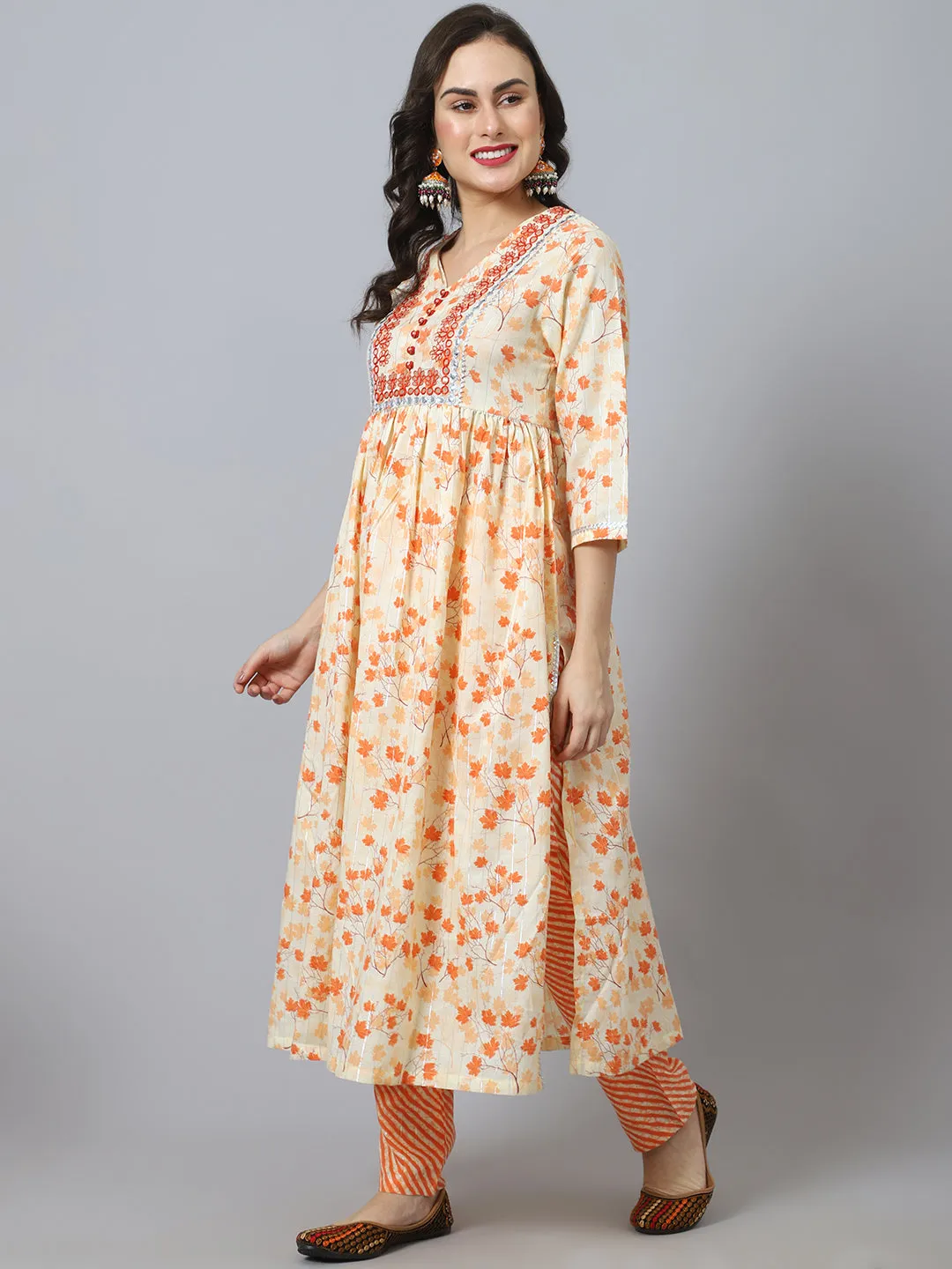 Women Orange Maple Leaf Printed Kurta With Patra Embroidery