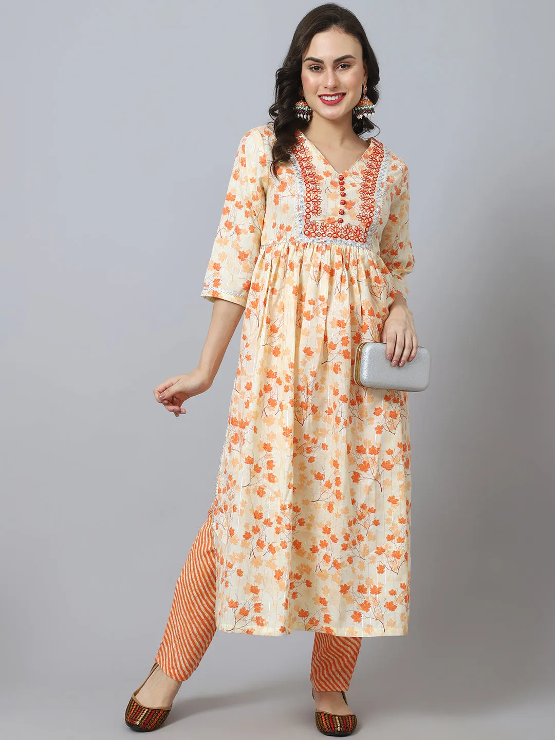 Women Orange Maple Leaf Printed Kurta With Patra Embroidery