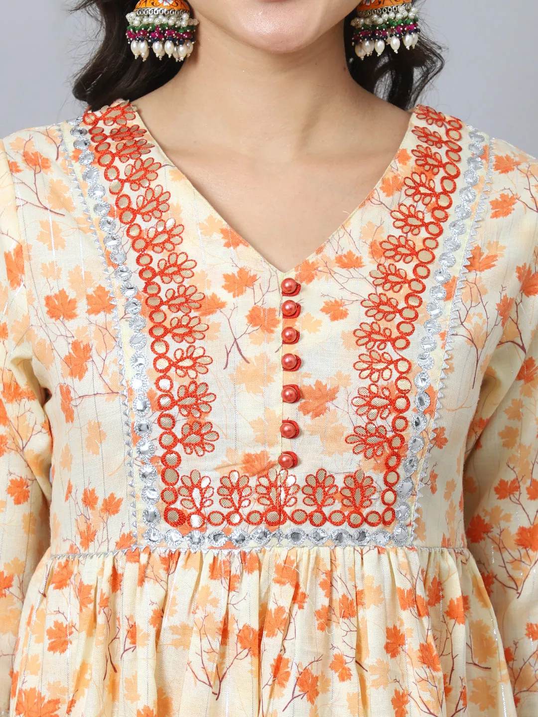 Women Orange Maple Leaf Printed Kurta With Patra Embroidery