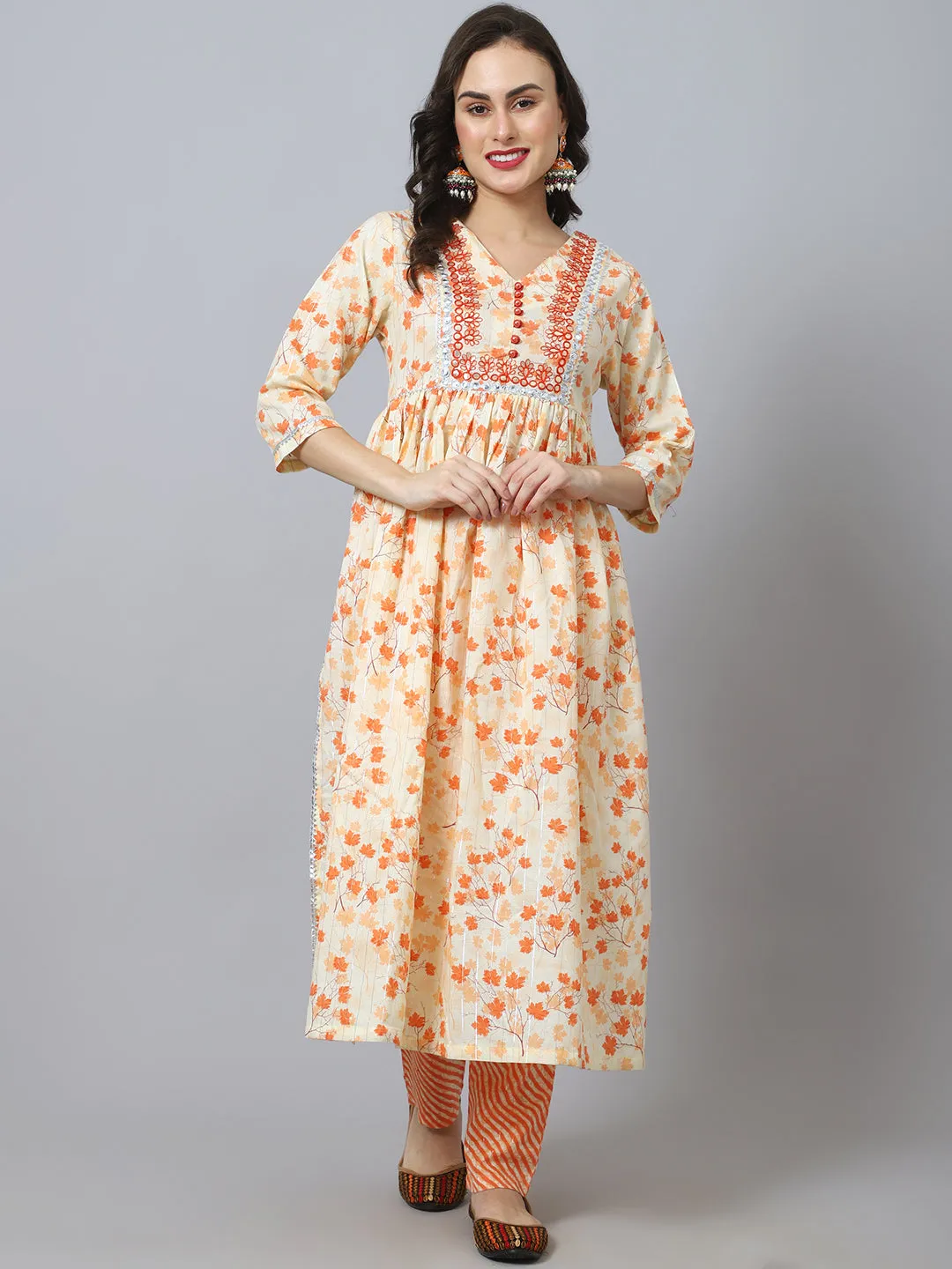 Women Orange Maple Leaf Printed Kurta With Patra Embroidery