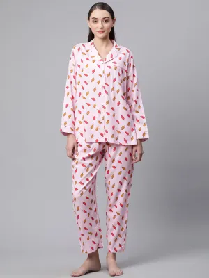 Women Pink Floral Print Rayon Night Suit