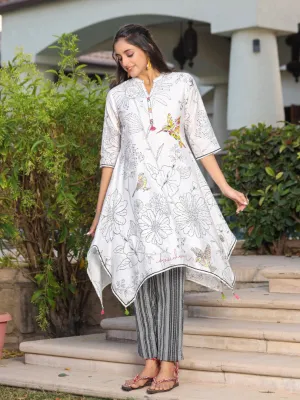 Women White Nylon Dobby Printed Kurta & Pants Set