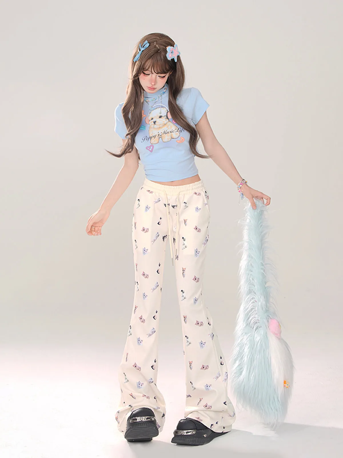 Young Eyes Cat White Cream Elastic Waist Gathered Long Pants