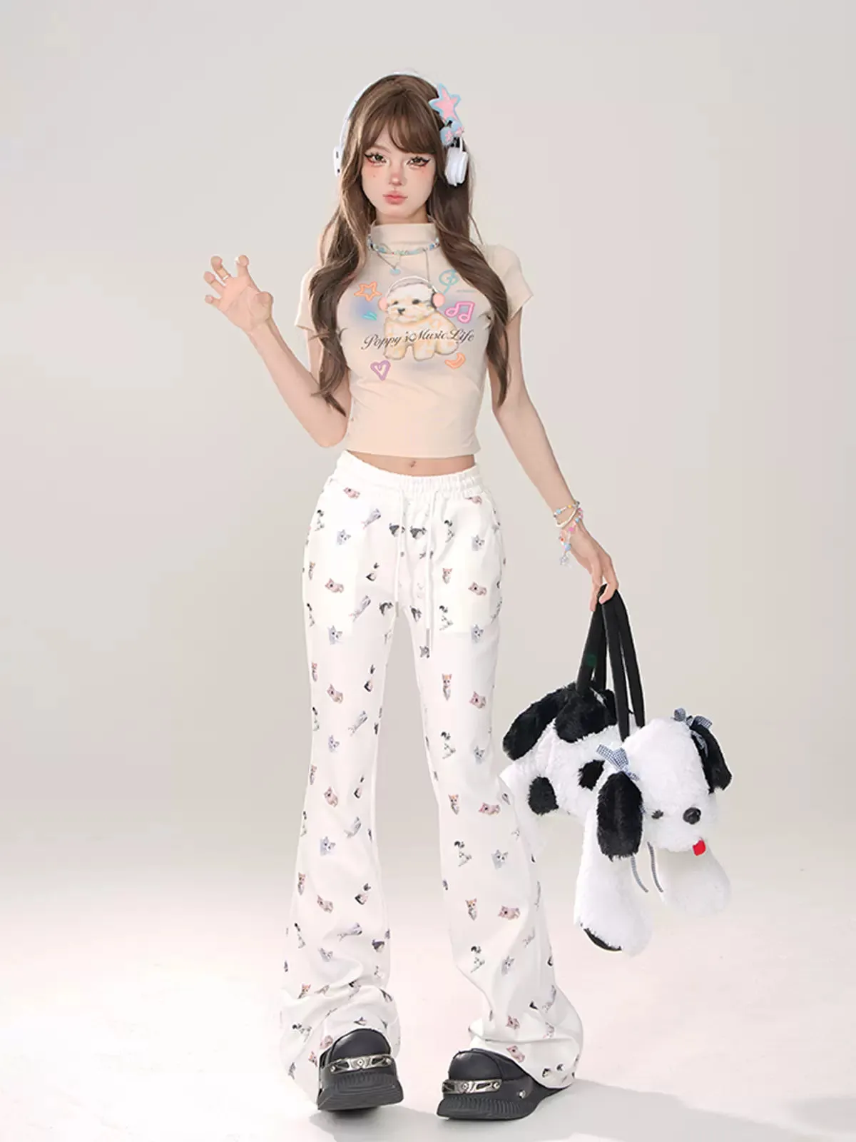 Young Eyes Cat White Cream Elastic Waist Gathered Long Pants